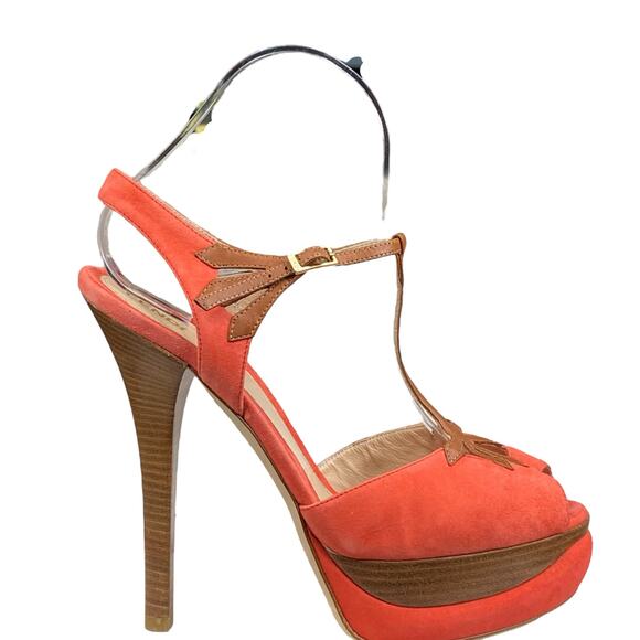 Fendi Women's Peach Coral Peep Toe Suede Platform Heels Size 38 US 7.5 - Picture 1 of 12